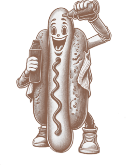 Illustration eines anthropomorphen Hotdogs als Comicfigur, gestaltet von Ten Ten Team für die Ausstellung ‚Schlaraffenland‘ im Dortmunder Kunstverein. Die Figur hat ein breites Lächeln, trägt Sneaker und hält in einer Hand eine Ketchupflasche, während sie mit der anderen Ketchup direkt auf ihren Kopf träufelt. Die Zeichnung im Holzschnittstil erinnert an klassische Fast-Food-Werbemaskottchen. 