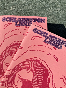 Zwei Exemplare der Risografie-Broschüre zur Ausstellung ‚Schlaraffenland‘ im Dortmunder Kunstverein, gestaltet von Ten Ten Team. Das Cover zeigt eine monochrome Illustration in Rot auf rosafarbenem Papier mit dem Titel in der dekorativen Serifenschrift ‚Basteleur‘. Die Nahaufnahme hebt die Struktur des Drucks und des Papiers hervor. 
