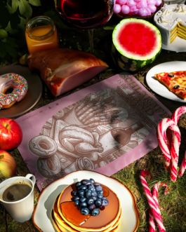 Poster gestaltet von Ten Ten Team für die Ausstellung ‚Schlaraffenland‘ im Dortmunder Kunstverein, inszeniert in einer Picknickszene mit Lebensmitteln wie Pancakes mit Blaubeeren, Kaffee, Wassermelone, Schinken, Pizza, Donut und Süßigkeiten. Das Poster zeigt eine mit künstlicher Intelligenz erstellte Illustration von Speisen und Getränken als zentrales Designelement. Printdesign für Kunst- und Kultur. 