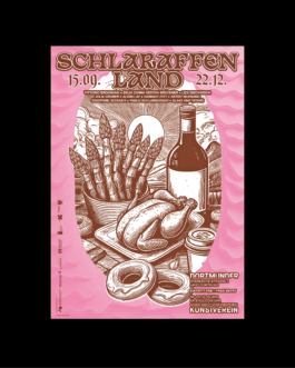 Poster zur Ausstellung ‚Schlaraffenland‘ im Dortmunder Kunstverein, gestaltet von Ten Ten Team. Die Illustration zeigt eine üppige Szenerie mit Spargelbündeln, einem Brathähnchen, Donuts, einer Weinflasche und einer Kaffeetasse auf einem gedeckten Tisch. Der Ausstellungstitel ist in der dekorativen Serifenschrift ‚Basteleur‘ gesetzt, das Datum in der Frakturschrift ‚Amador‘. Am unteren Rand befinden sich Veranstaltungsdetails sowie Logos der Partner und Förderer. 