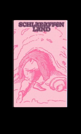 Broschüre zur Ausstellung ‚Schlaraffenland‘ im Dortmunder Kunstverein, gestaltet von Ten Ten Team. Das Cover zeigt eine monochrome, rosa Illustration einer liegenden Figur mit stilisierten Wellenlinien, begleitet vom Ausstellungstitel in der dekorativen Serifenschrift ‚Basteleur‘. Die Broschüre wurde im Risografie-Verfahren gedruckt und greift das visuelle Konzept der Ausstellung auf. 